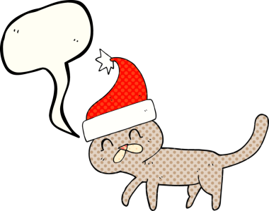 Bir insan tarafından çizilmiş Noel şapkası takan çizgi film kedisi.