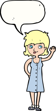 Bir insan tarafından çizilmiş konuşma balonuyla el sallayan güzel bir kadın.