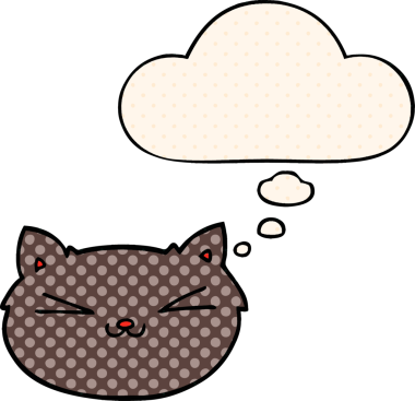 Bir insan tarafından çizilmiş çizgi roman tarzı düşünce balonu olan mutlu çizgi film kedisi.