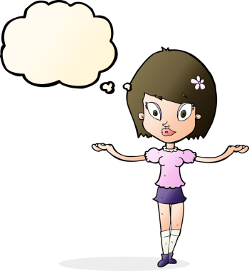 Bir insan tarafından çizilen düşünce baloncuğuyla dengeleyici bir jest yapan çizgi film kadını.