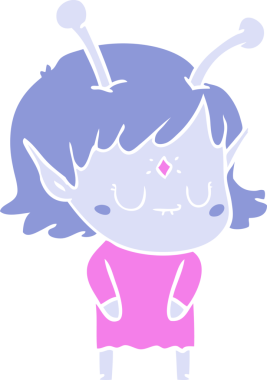 Bir insan tarafından çizilmiş düz renkli uzaylı kız çizgi filmi.