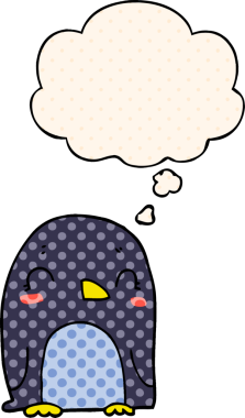 Çizgi roman tarzında bir insan tarafından çizilmiş düşünce baloncuğu olan penguen.