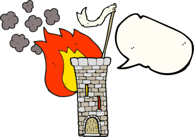 Bir insan tarafından çizilmiş beyaz bayrak sallayan eski kale kulesi serbest konuşma balonu karikatürü