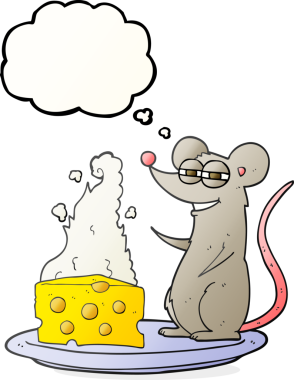 Bir insan tarafından çizilmiş peynirli serbest çizim düşünce balonu faresi.