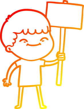 Bir insan tarafından çizilmiş pankartla gülümseyen bir çizgi film çizimi.