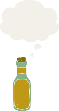 Düşünce baloncuğu olan karikatür iksiri şişesi insan tarafından çizilmiş.