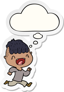 Mutlu çizgi film çocuğu gülüyor ve düşünce baloncuğuyla bir insan tarafından çizilmiş çıkartma gibi kaçıyor.