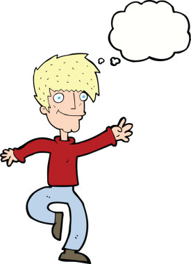 Bir insan tarafından çizilmiş düşünce baloncuğuyla dans eden mutlu adam çizgi filmi.