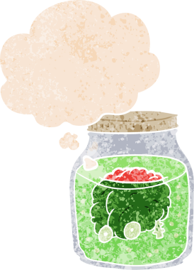 Kavanozda karikatür gibi ürkütücü bir beyin, grunge 'da düşünce baloncuğu, sıkıntılı retro dokuya sahip bir insan tarafından çizilmiş