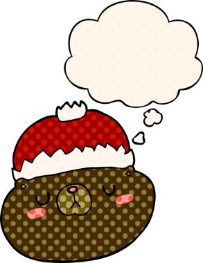 Çizgi roman tarzında bir insan tarafından çizilmiş düşünce baloncuğu olan çizgi film noel ayısı.