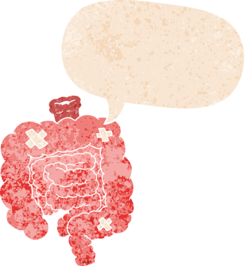 Çizgi film, insan tarafından çizilmiş derili retro desenli grunge içerisindeki konuşma baloncuklarıyla bağırsakları onardı.