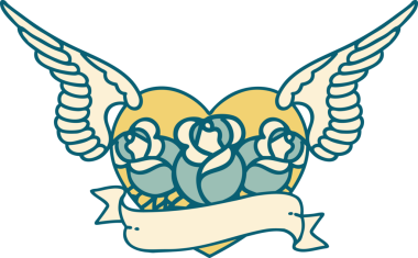 Bir insan tarafından çizilmiş çiçek ve bayrak ile uçan bir kalbin ikonik dövme görüntüsü