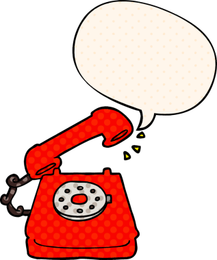 bir insan tarafından çizilmiş çizgi roman tarzında konuşma balonu olan eski bir telefon.