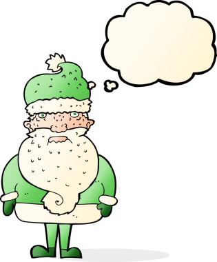 Bir insan tarafından çizilmiş düşünce baloncuklu Noel Baba çizgi filmi.