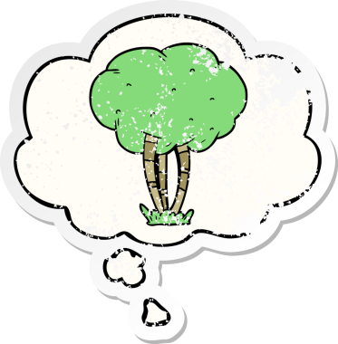 Düşünce baloncuğu olan çizgi film ağacı insan tarafından çizilmiş yıpranmış bir çıkartma gibi.
