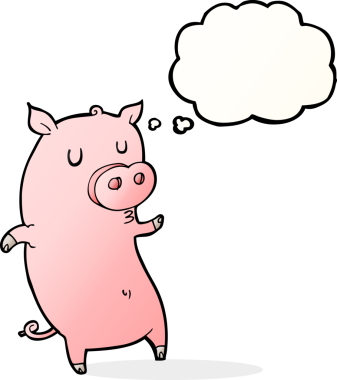 Bir insan tarafından çizilmiş düşünce baloncuklu komik domuz.