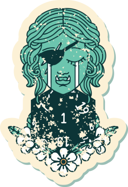 Retro Dövme Tarzı Ağlama Yarı Ork haylaz karakter Doğal bir D20 rulo ile bir insan tarafından çizilmiş