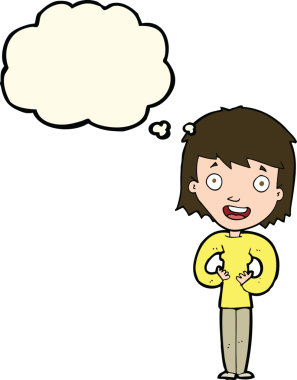 Bir insan tarafından çizilmiş düşünce balonlu mutlu kadın çizgi filmi.