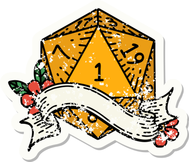 Bir insan tarafından çizilmiş doğal bir d20 zarının grunge çıkartması.