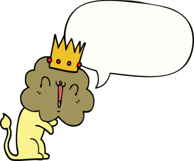 Bir insan tarafından çizilmiş konuşma baloncuklu taç takmış çizgi film aslanı.