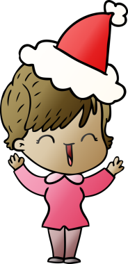 Bir insan tarafından çizilmiş Noel Baba şapkası giymiş gülen bir kadının el çizimi karikatürü.