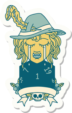 Ağlayan bir ork ozan karakterinin çıkartması. Bir insan tarafından çizilmiş doğal bir D20 rulosu.