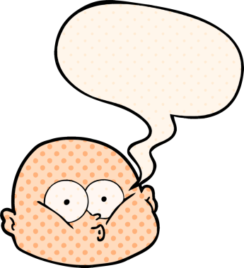 Çizgi roman tarzında konuşan meraklı kel adam bir insan tarafından çizilmiş.