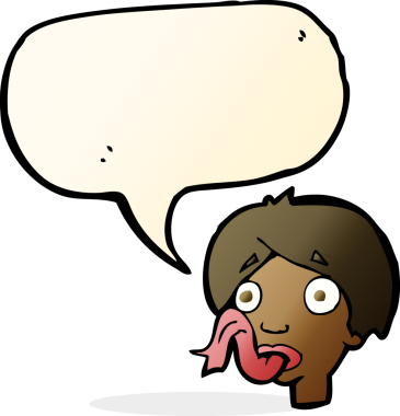 Bir insan tarafından çizilmiş konuşma baloncuğuyla dilini dışarı çıkaran çizgi film kafası.