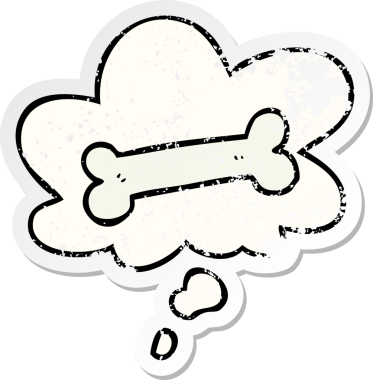 İnsan tarafından çizilmiş yıpranmış bir çıkartma gibi düşünce baloncuklu çizgi film kemiği.