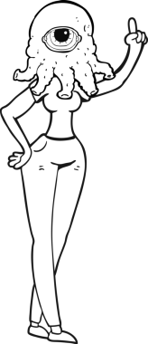 Bir insan tarafından çizilmiş el kaldırılmış siyah beyaz çizgi film dişi uzaylı.