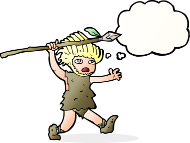 Bir insan tarafından çizilmiş düşünce baloncuğu olan bir mağara adamı.