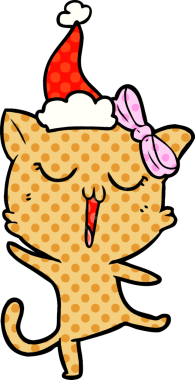 Bir insan tarafından çizilmiş Noel Baba şapkası takan bir kedinin el çizimi çizgi roman tasviri