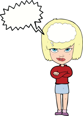 Bir insan tarafından çizilmiş konuşma balonunu hayal eden kolları katlanmış bir karikatür kadın.