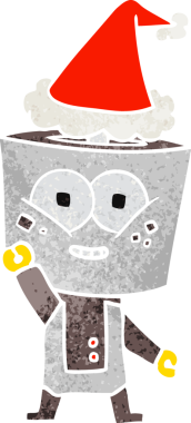 Mutlu el çizimi robot el sallaması bir insan tarafından çizilmiş Noel Baba şapkası.