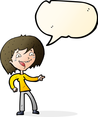 Bir insan tarafından çizilmiş konuşma balonuyla gülen ve işaret eden çizgi film kadını.