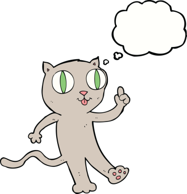 Bir insan tarafından çizilmiş düşünce baloncuklu çizgi film kedisi.