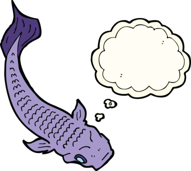 Bir insan tarafından çizilmiş düşünce baloncuklu çizgi film balığı.
