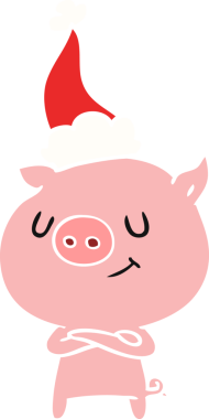 Mutlu el çizimi düz renk çizimi Noel Baba şapkası takan bir domuzun insan tarafından çizilmiş.