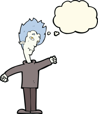 Bir insan tarafından çizilmiş düşünce balonlu vampir adam.