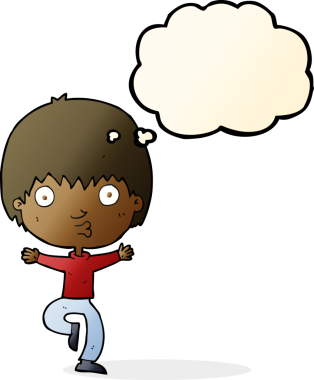 Bir insan tarafından çizilmiş düşünce baloncuğu olan heyecanlı çocuk.