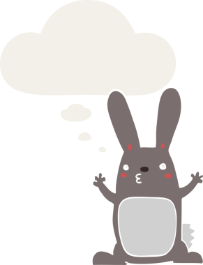 Düşünce baloncuklu çizgi film tavşanı insan tarafından çizilmiş.