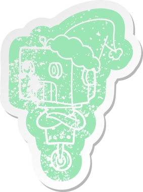 Bir insan tarafından çizilmiş Noel Baba şapkası takan bir robotun sıkıntılı karikatürü.