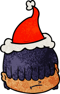 Bir insan tarafından çizilmiş Noel Baba şapkası takan ve saçı gözünün üzerinde olan bir yüz çizimi.