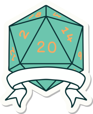 Bir insan tarafından çizilmiş 20 kritik vuruşluk D20 zar etiketi.