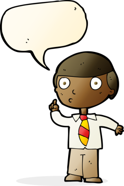 Bir insan tarafından çizilmiş konuşma balonu olan bir okul çocuğu.