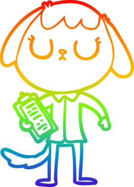 Gökkuşağı gradyan çizgisi. Bir insan tarafından çizilmiş ofis tişörtü giyen sevimli bir köpeğin çizimi.