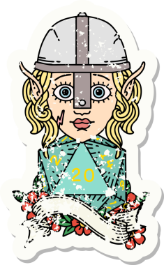 Bir insan tarafından çizilmiş doğal yirmi zarlı elf savaşçısı karakterinin grunge sticker 'ı.