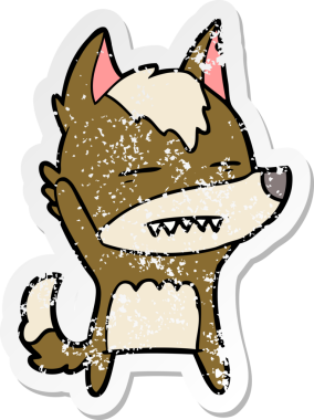 Bir insan tarafından çizilmiş dişlerini gösteren bir kurt çizgi filminin sıkıntılı çıkartması.