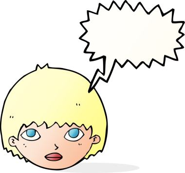 Bir insan tarafından çizilmiş konuşma balonuyla bakan çizgi film kızı.