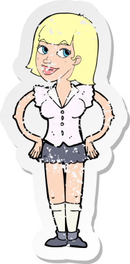 Bir insan tarafından çizilmiş kalçasında elleri olan bir karikatür kadının gerilmiş çıkartması.